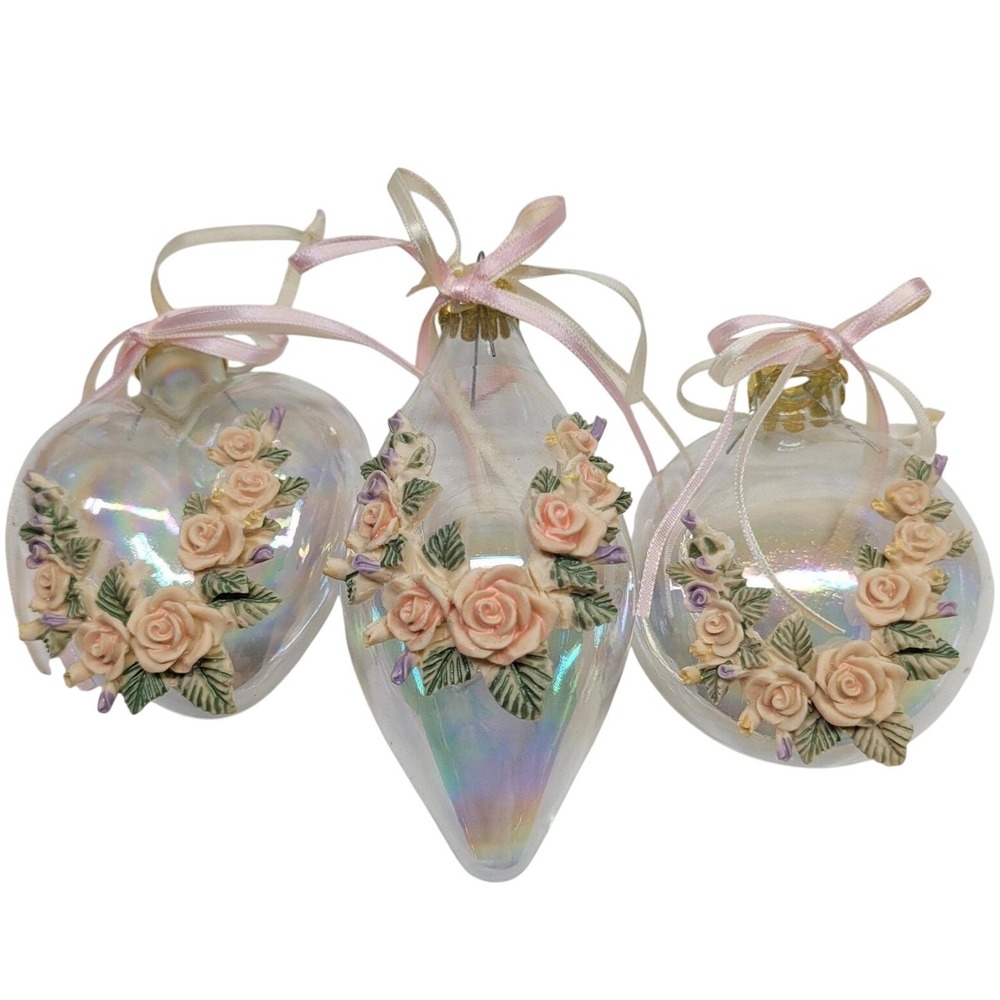 3 House of Lloyd Christmas Around Victorian‎ Rose Iridescent Glass Ornament